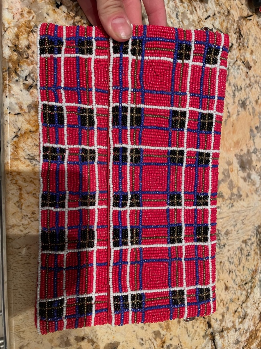 Red Beaded Plaid Clutch
